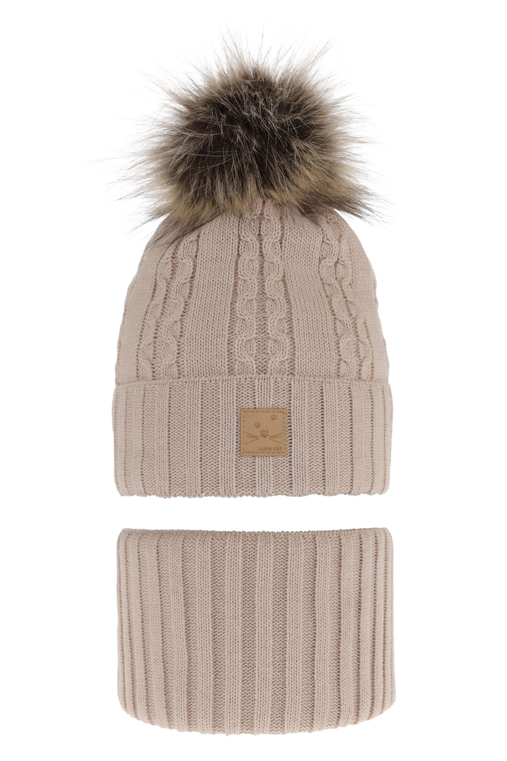 Flicka vinter set: mössa och halsduk, beige, med pompom, Alexia