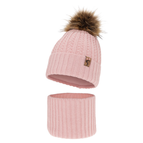 Flicka vinter set: mössa och halsduk, rosa, med pompom, Larina