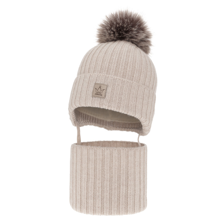 Flicka vinter set: mössa och tubhalsduk, beige, 100% Merino Ull, fodrad med fleece, med pompom, knytband, Martina