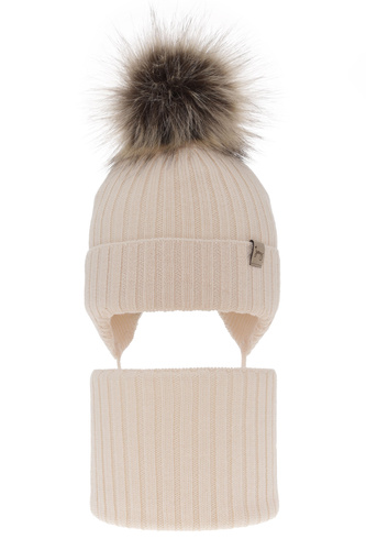 Flicka vinter set: mössa och tubhalsduk, jasnobeżowy, med knytband, med pompom, 100% Merino Ull, Junika