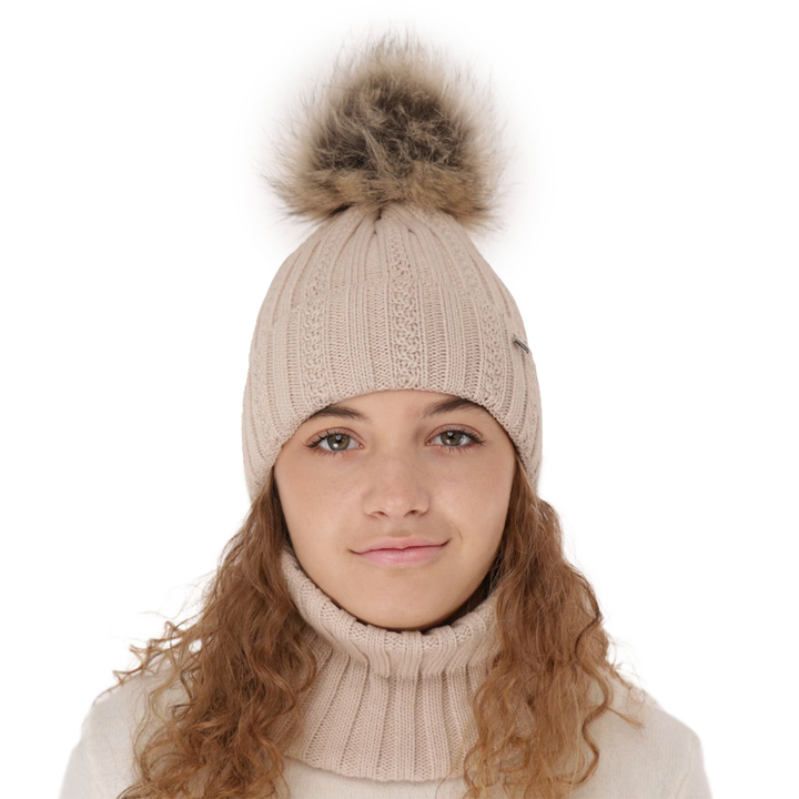 Flicka vinter set: mössa och halsduk, beige, med pompom, Wirginia