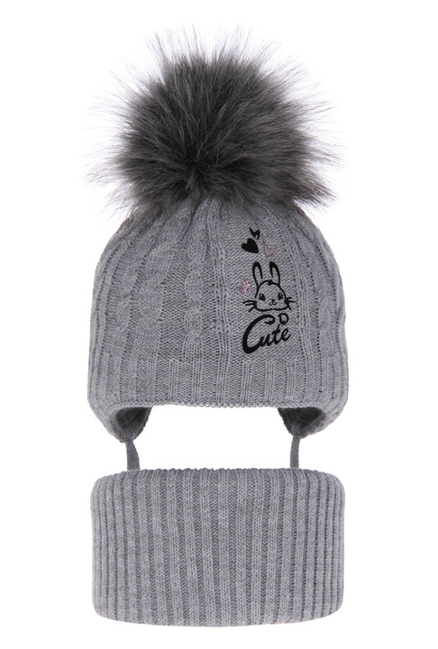 Flicka vinter set: mössa och tubhalsduk, grå, med pompom, Treccia