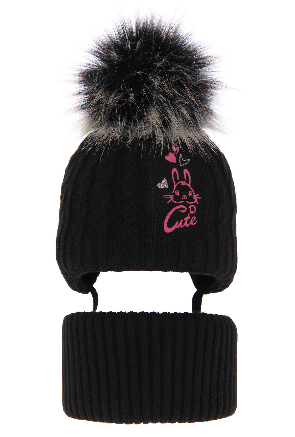 Flicka vinter set: mössa och tubhalsduk, svart, med pompom, Treccia