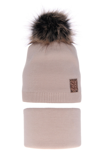Flicka vinter set: mössa och tubhalsduk, beige, med pompom, Apolinka