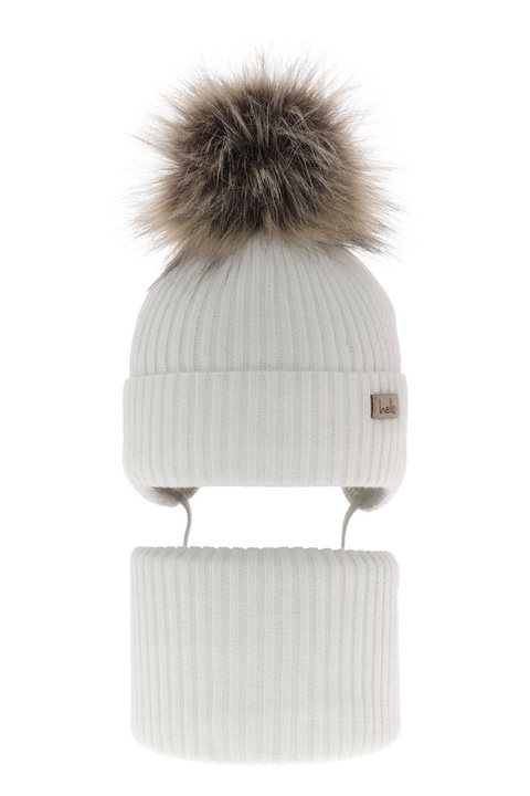 Flicka vinter set: mössa och tubhalsduk, vit, med knytband, med pompom, Bria