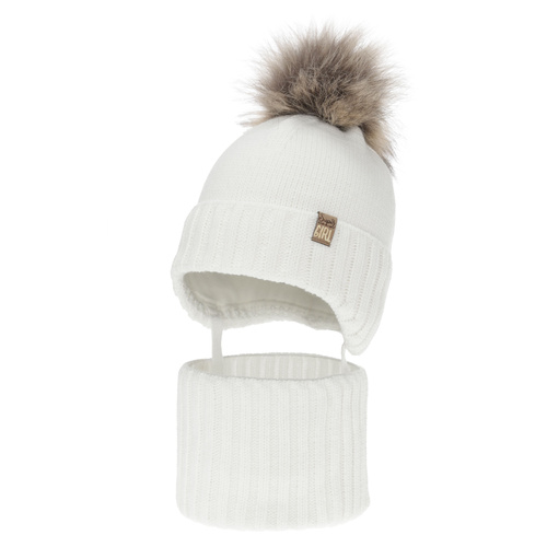 Flicka vinter set: mössa och tubhalsduk, vit, med pompom, Primula