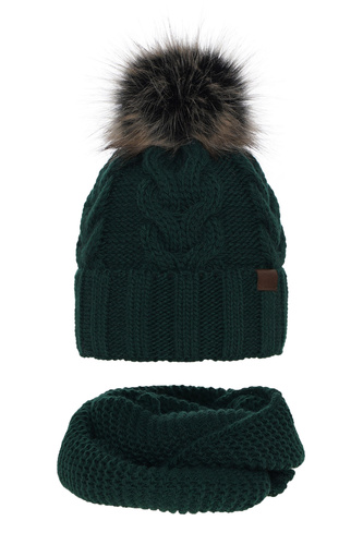 Flicka vinter set: mössa och halsduk, grön, med pompom, Torina