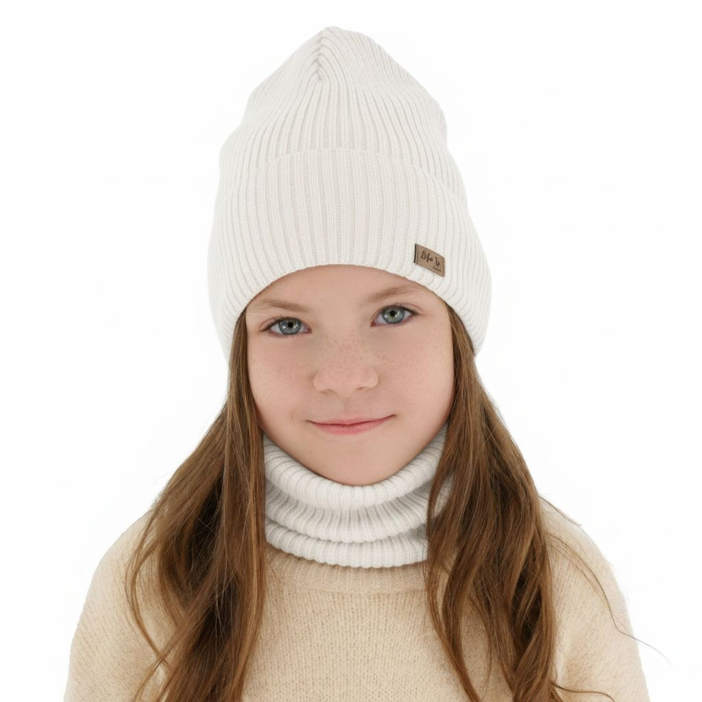Flicka höst/vår set: mössa och tubhalsduk, vit, 100% Merino Ull, Itra