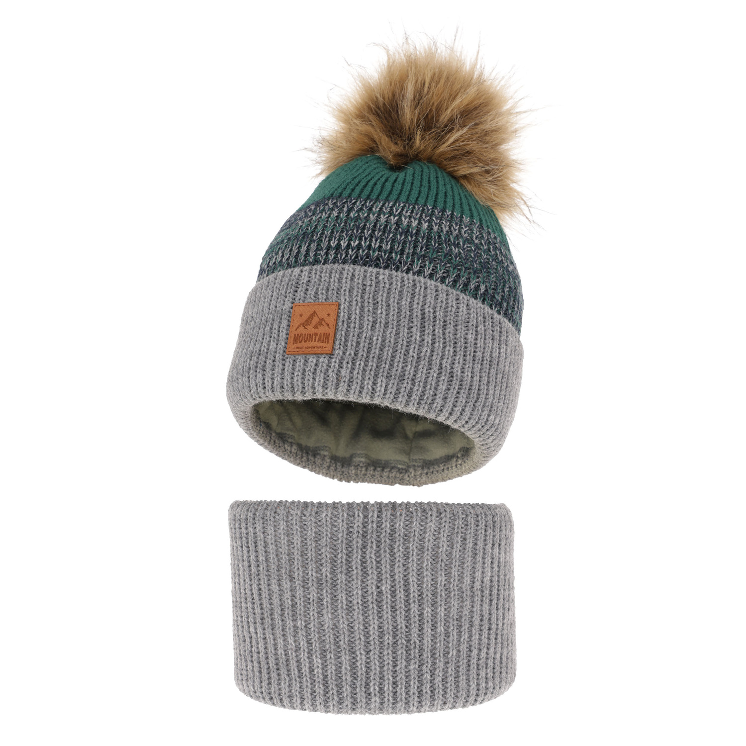 Pojke vinter set: mössa och tubhalsduk, grå, med pompom, Buffalo