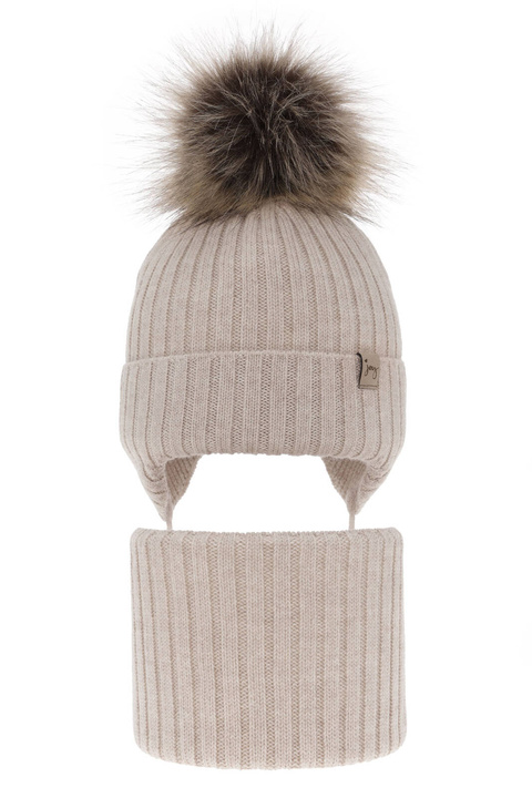 Flicka vinter set: mössa och halsduk, beige, med merinull, med knytband, Junika