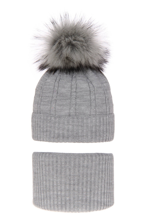 Flicka vinter set: mössa och tubhalsduk, grå, med pompom, Lawa