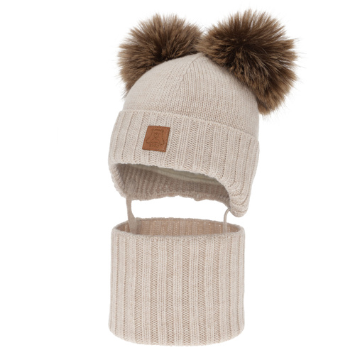 Pojke mössa och tubscarf, vinter set, ljusbeige, 100% merinull, fodrad med ullfleece, Ronik