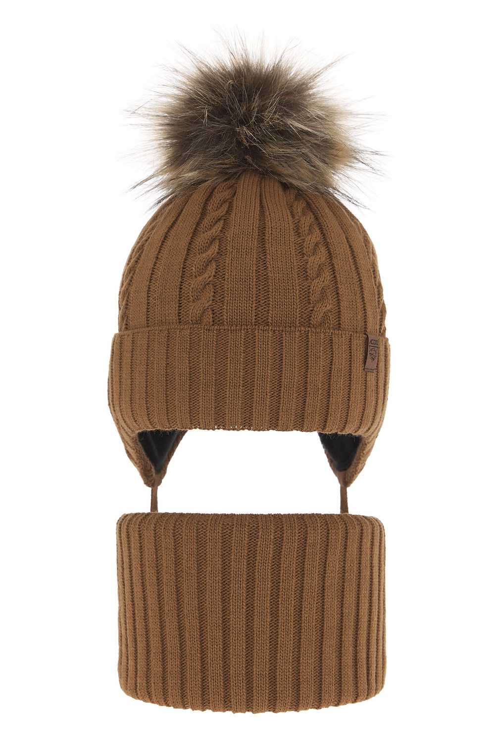 Pojke vinter set: mössa och tubhalsduk, camel, med pompom, Peter