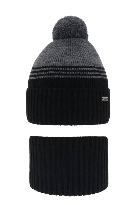 Pojke vinter set: mössa och tubhalsduk, svart, med pompom, Pallas