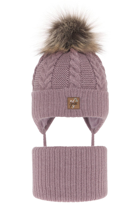 Flicka vinter set: mössa och halsduk, lila, med knytband, med pompom, Finess