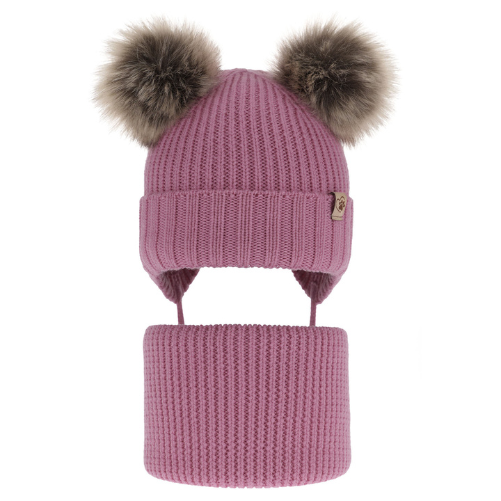 Flicka vinter set: mössa och tubhalsduk, grå, med knytband, med två pompommar, 100% Merino Ull, Silvia