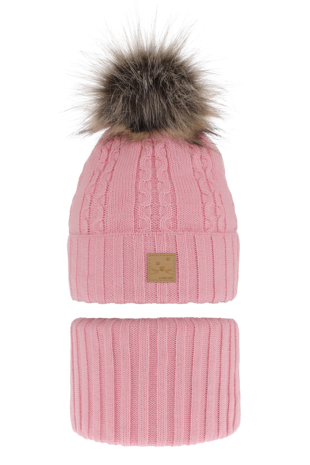 Flicka vinter set: mössa och halsduk, rosa, med pompom, Alexia