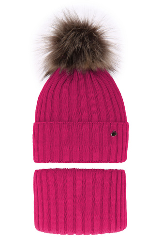 Flicka vinter set: mössa och halsduk, rosa, med pompom, Wilma
