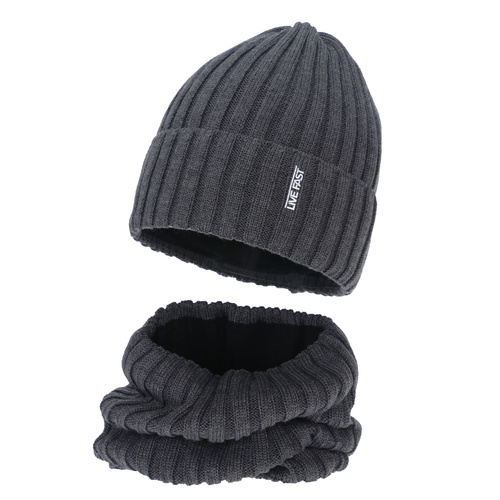 Pojke vinter set: mössa och tubhalsduk, grå, med merinull, fodrad med fleece, Banasko