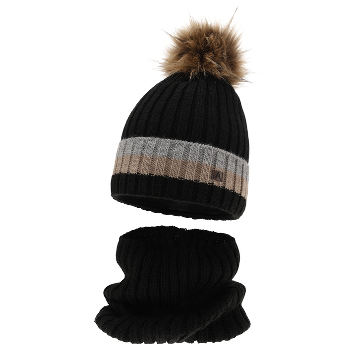 Pojke vinter set: mössa och halsduk, svart, med pompom, podszyty polarem, Beno