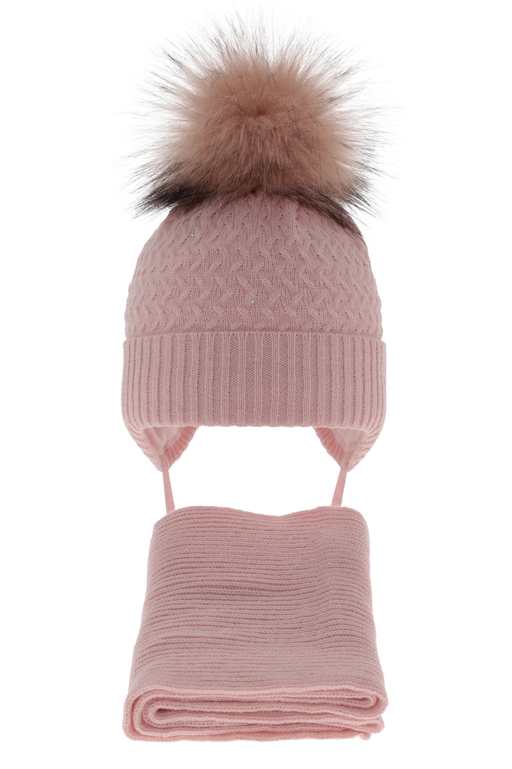 Flicka vinter set: mössa och halsduk, rosa, med pompom, med knytband, Zelta