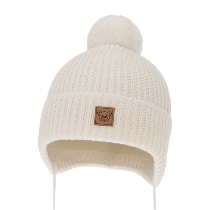 Pojke vintermössa, vit, med knytband, 100% Merino Ull, fodrad med ullfleece, Tofik