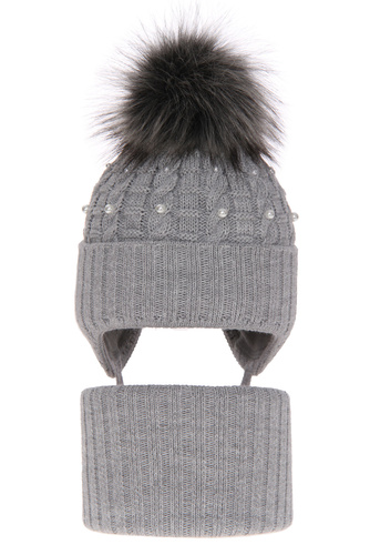 Flicka vinter set: mössa och halsduk, grå, med knytband, med pompom, Safona