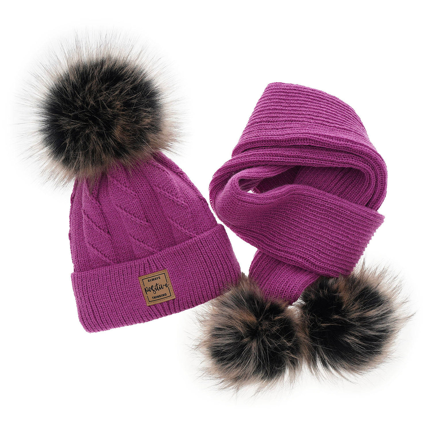 Flicka vinter set: mössa och halsduk, rosa, med två pompommar, Gabriela