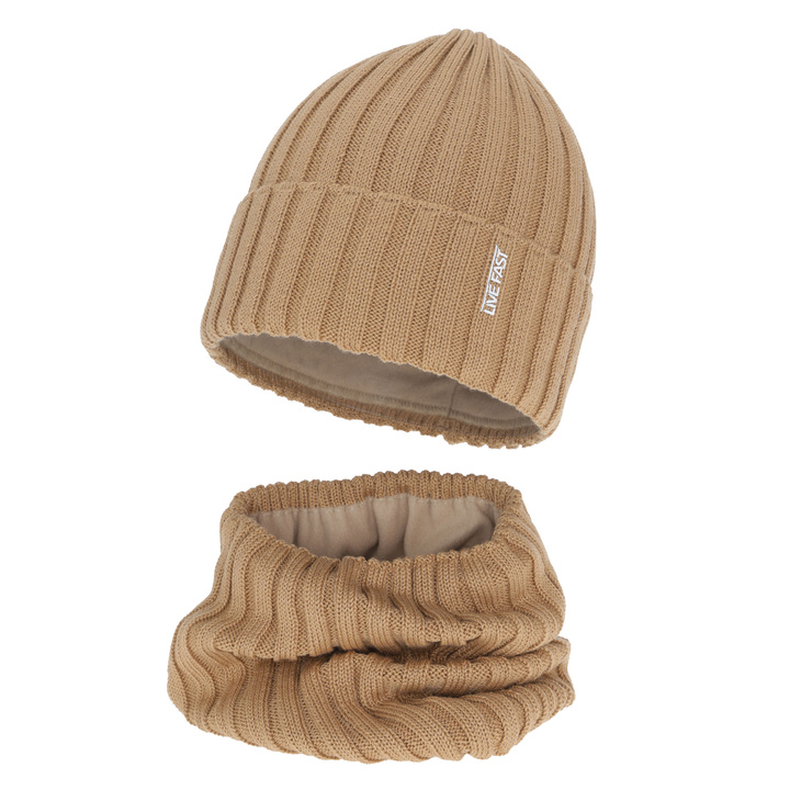 Pojke vinter set: mössa och tubhalsduk, camel, med merinull, fodrad med fleece, Banasko