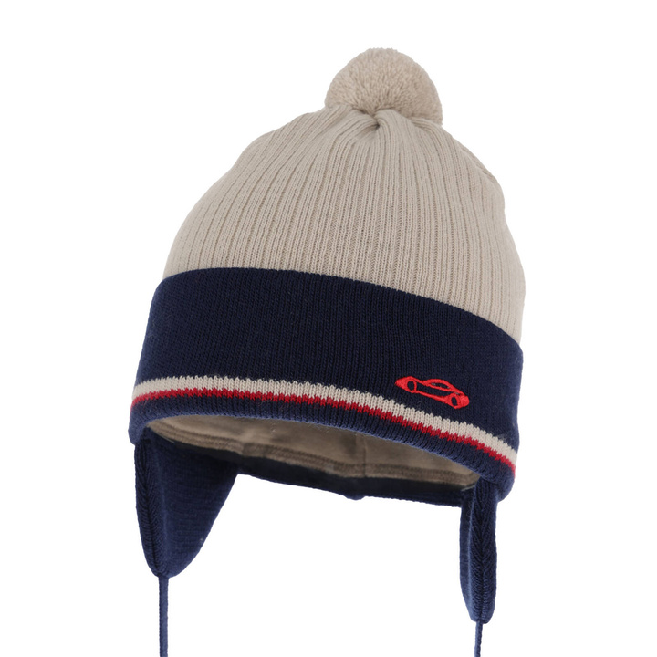 Pojke höst/vår mössa, beige, med knytband, med pompom, Jacob