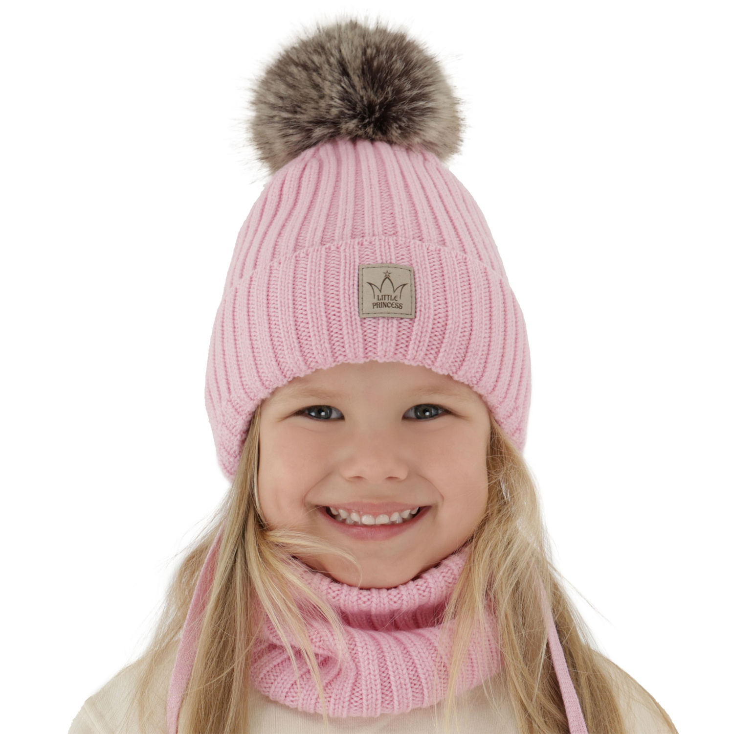 Flicka vinter set: mössa och tubhalsduk, rosa, 100% merinoull, fodrad med ullfleece, med pompom, Martina