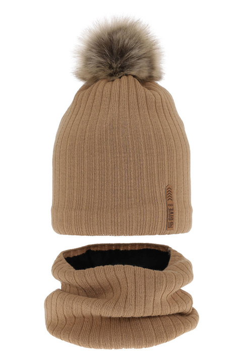 Pojke vinter set: mössa och tubhalsduk, camel, med pompom, podszyty, Kalen