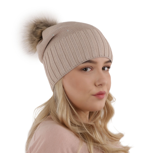 Dam vintermössa, rosa, med pompom, med merinull, Malga