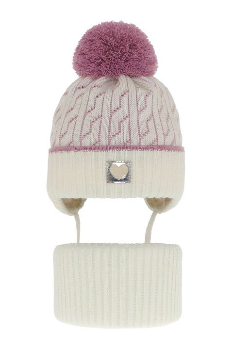 Flicka vinter set: mössa och tubhalsduk, kremowy, med pompom, Natka