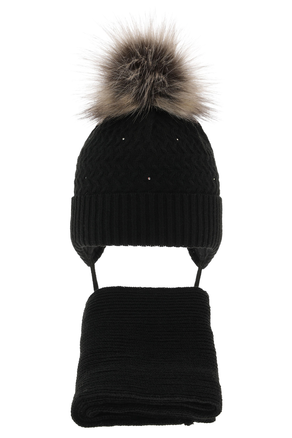 Flicka vinter set: mössa och halsduk, svart, med pompom, med knytband, Zelta