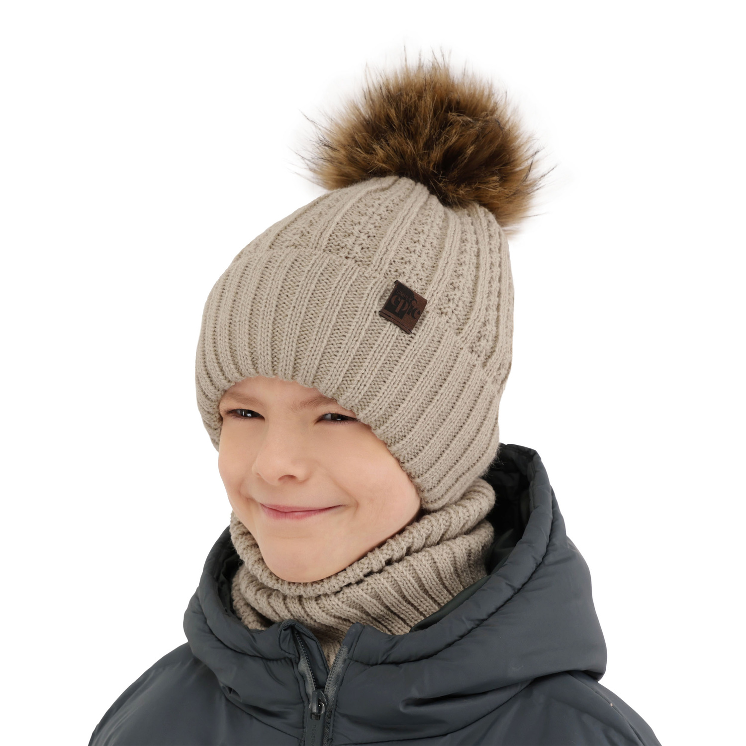 Pojke vinter set: mössa och tubhalsduk, grå, med pompom, Lars
