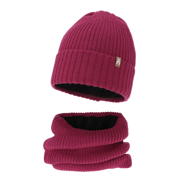 Flicka vinter set: mössa och tubhalsduk, amarant, med merinull, fodrad med fleece, Peggy