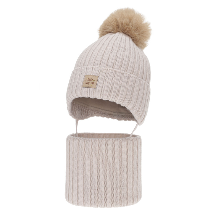 Flicka vinter set: mössa och tubhalsduk, beige, 100% Merino Ull, med knytband, fodrad med bomull, Malesia