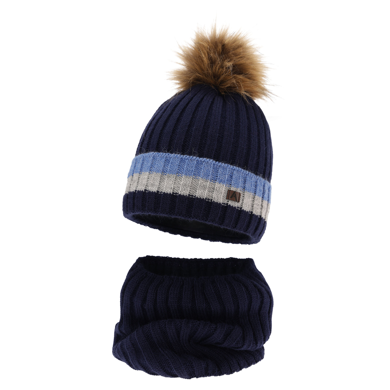 Pojke vinter set: mössa och tubhalsduk, med pompom, granatowy, Beno