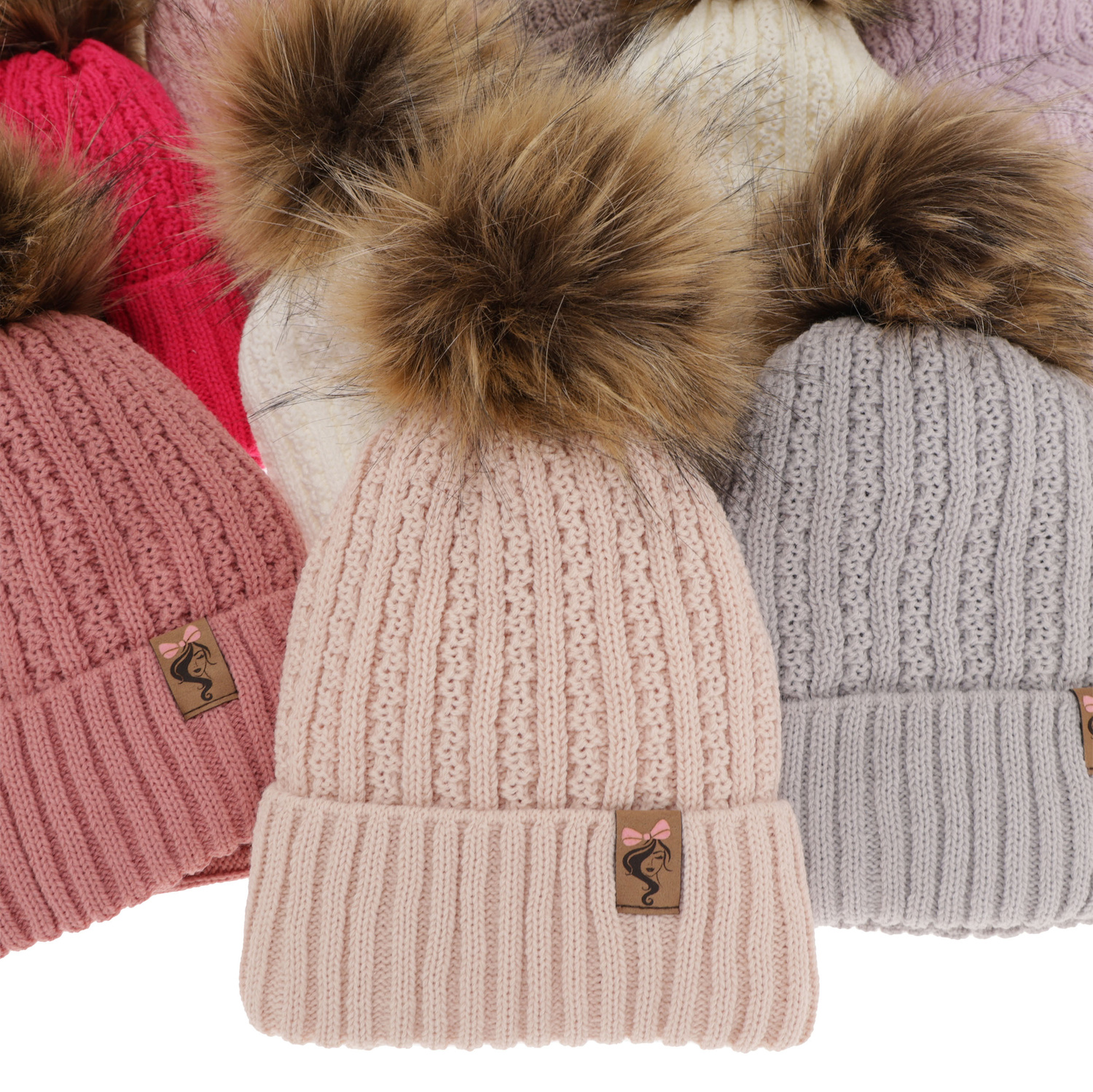 Flicka vinter set: mössa och halsduk, beige, med pompom, Larina