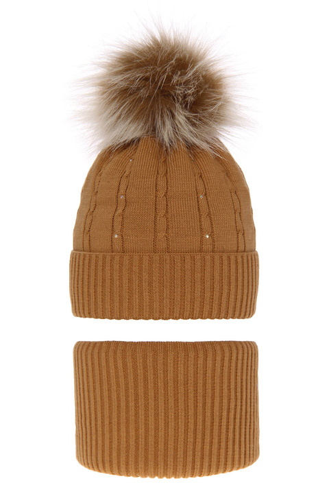 Flicka vinter set: mössa och tubhalsduk, camel, med pompom, Lawa