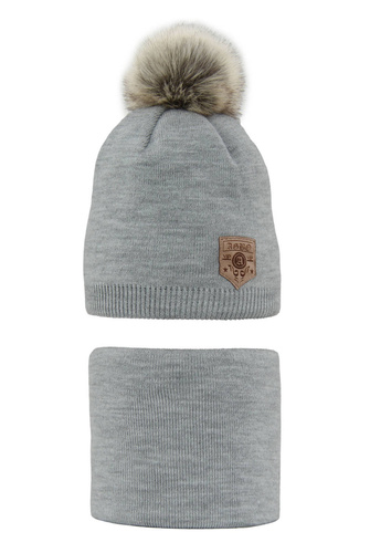 Pojke vinter set: mössa och tubhalsduk, grå, med pompom, Apolin