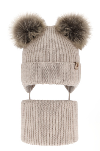 Flicka vinter set: mössa och tubhalsduk, beige, med två pompommar, wiązany, 100% Merino Ull, Silvia