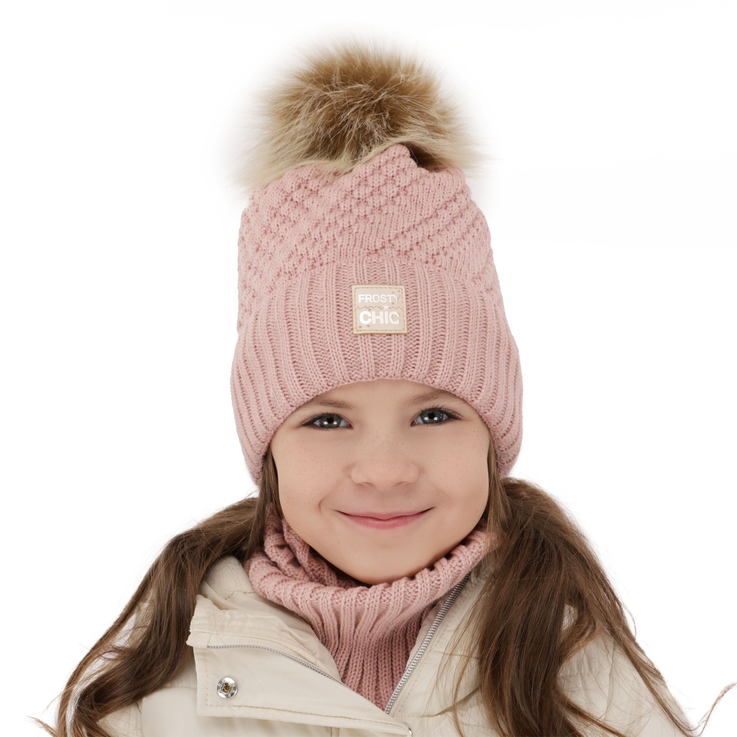 Flicka vinter set: mössa och tubhalsduk, rosa, med pompom, Alena