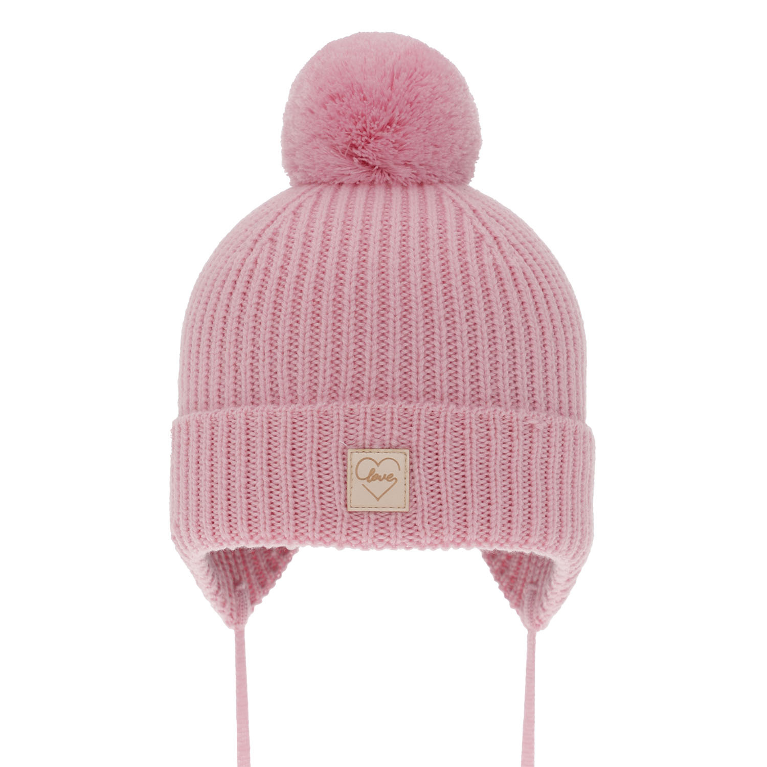 Flicka vintermössa, rosa, med pompom, med knytband, 100% Merino Ull, Fodrad med bomull, Havana