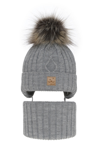 Flicka vinter set: mössa och halsduk, grå, med pompom, Aida