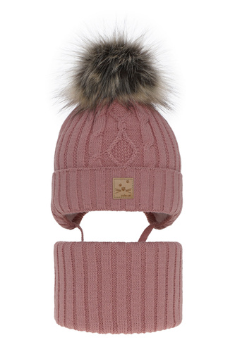 Flicka vinter set: mössa och halsduk, rosa, med pompom, Aida