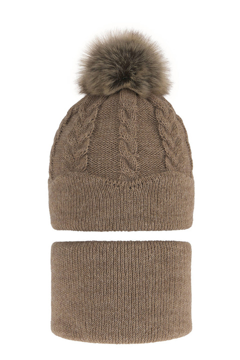 Flicka vinter set: mössa och tubhalsduk, beige, med pompom, Etula