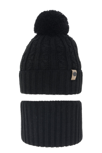 Pojke vinter set: mössa och tubhalsduk, svart, med pompom, Almond