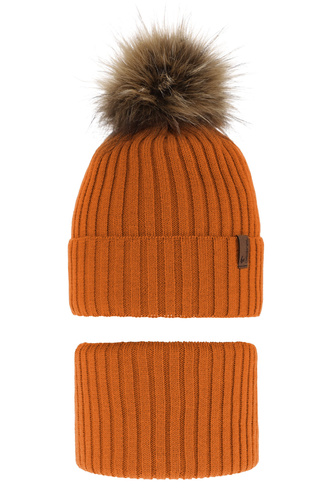 Pojke vinter set: mössa och tubhalsduk, orange, med pompom, Onyks